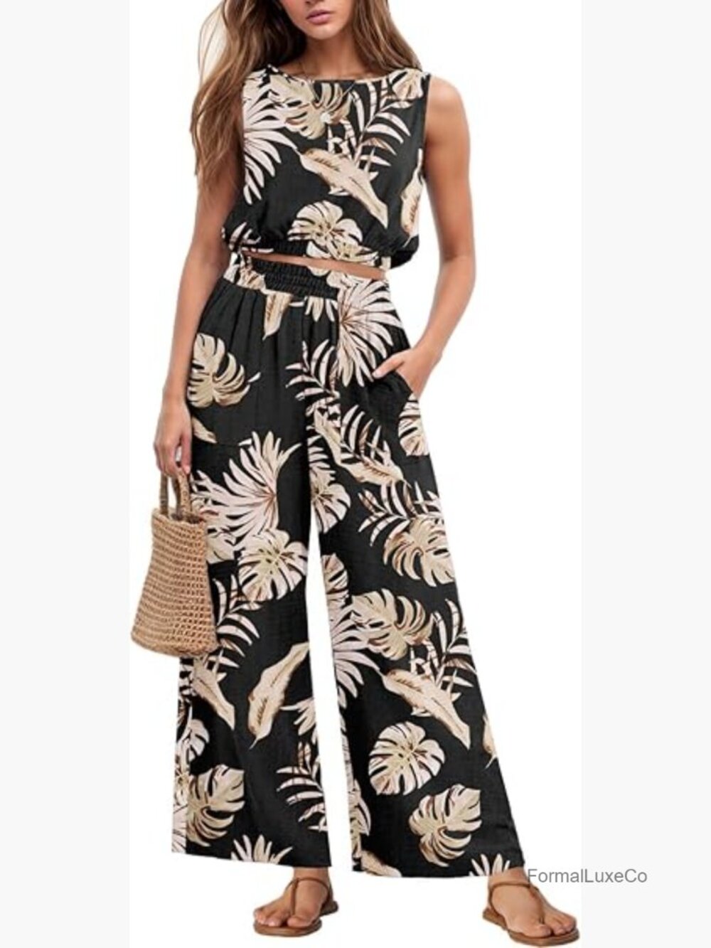 Sleeveless Crop Top Wide Leg Pants Two Piece Set Lounge Set